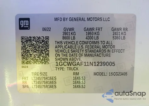 2022 Chevrolet Express Cargo Rwd 2500 Regular Wheelbase Wt z USA, uszkodzony, nr VIN 1GCWGAF11N1239005